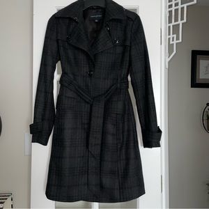 Banana Republic Black & Gray Plaid Wool Blend Belted Trench Coat
